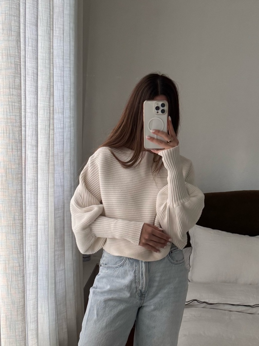 Zara Cream Ribbed Balloon-Sleeve Crew Sweater